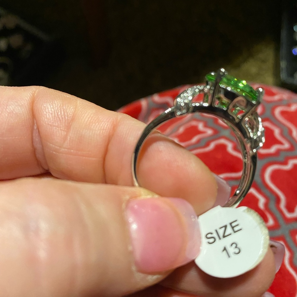 Size 13 or 11 Women’s Silver Colored Fashion Ring NWT As pictured Green w/ CZ’s